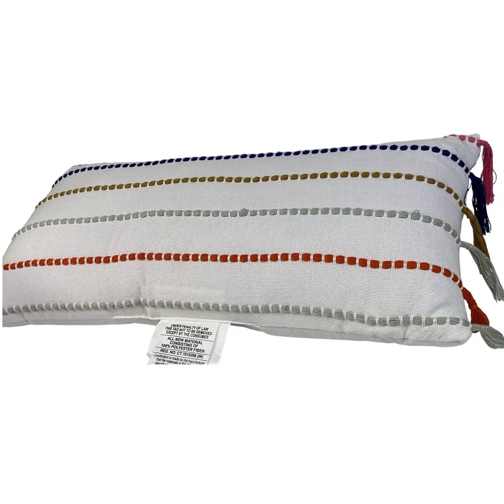Threshold Running Lines Lumbar Throw Pillow 12x24 White Multicolor Tassels